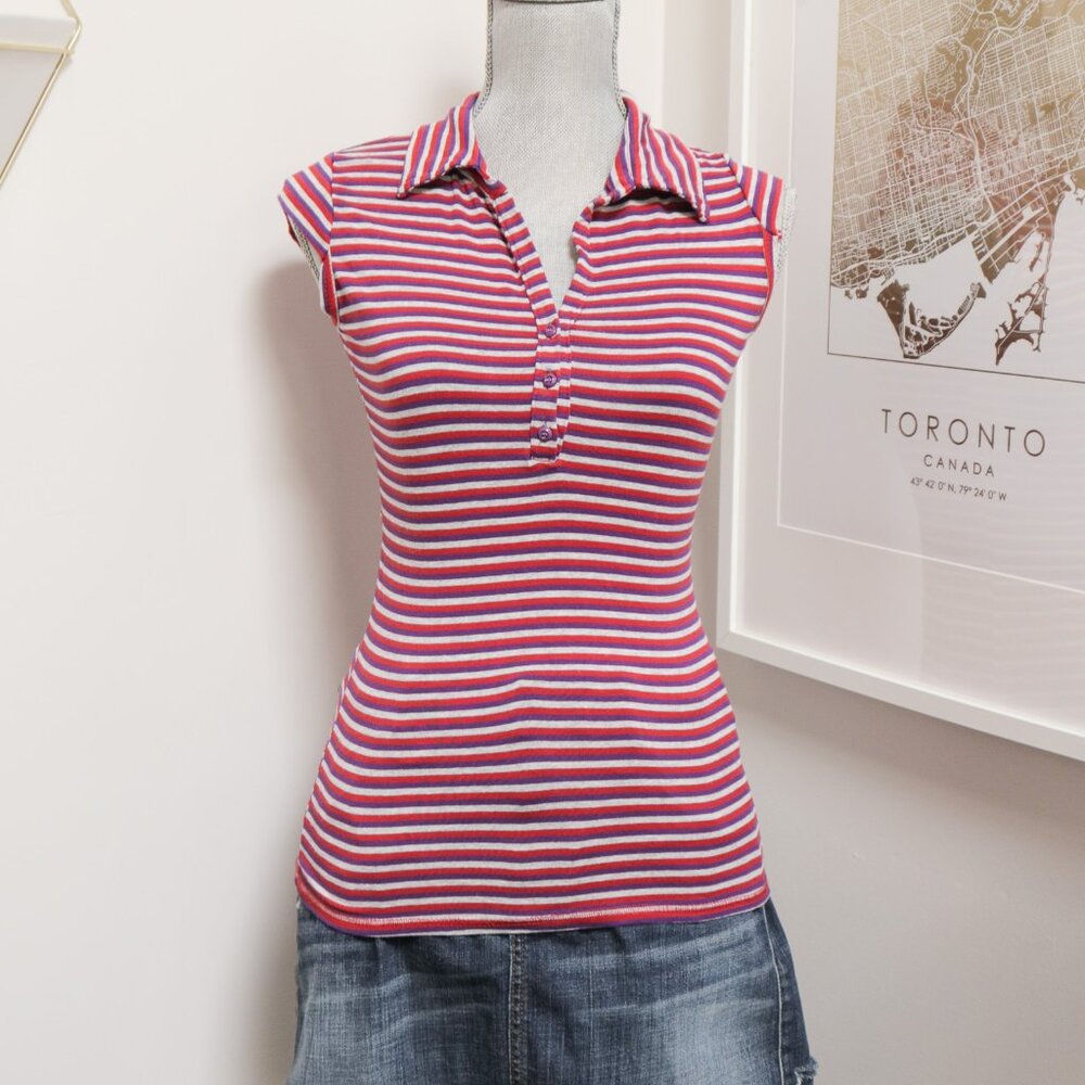 TALCO Red Purple Striped Capped Sleeve Tee Y2K